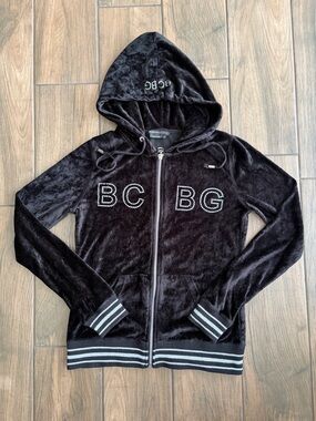 BCBG Black Velour Zip Hoodie with Rhinestone Logos
